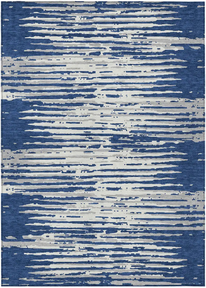 Navy Blue And Ivory Striped Washable Indoor Outdoor Area Rug Photo 2