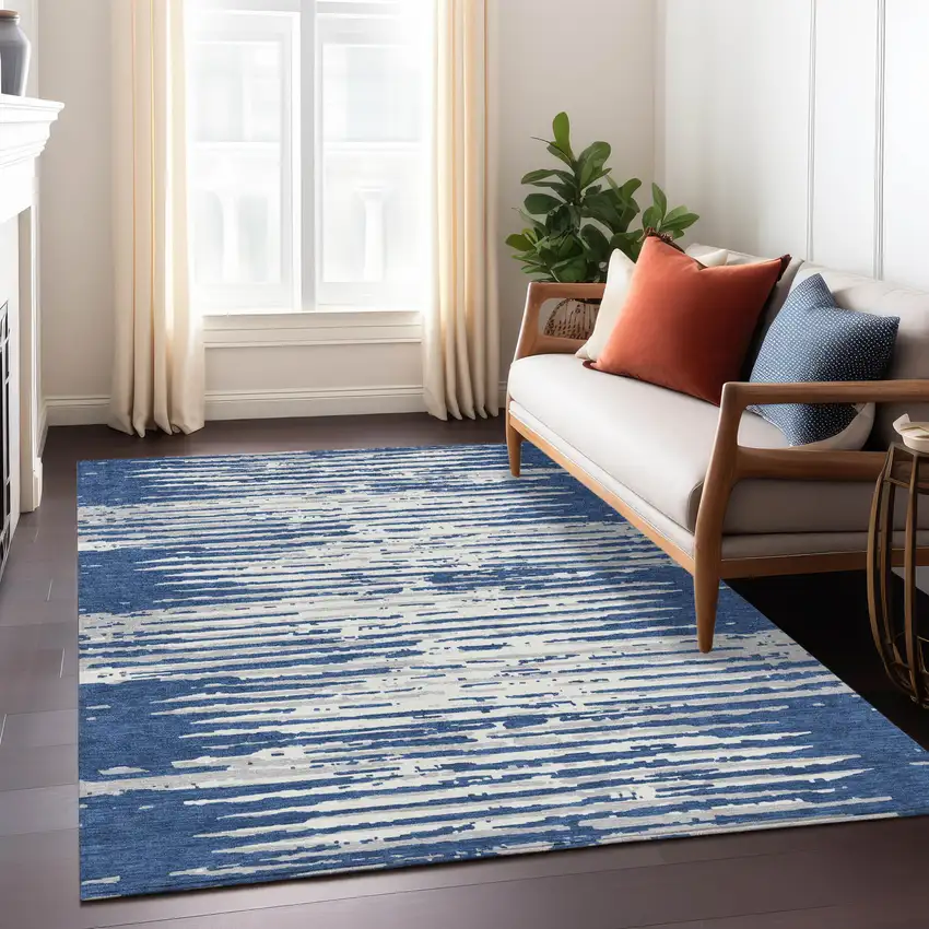 Navy Blue And Ivory Striped Washable Indoor Outdoor Area Rug Photo 9