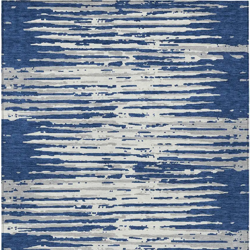 Navy Blue And Ivory Striped Washable Indoor Outdoor Area Rug Photo 6
