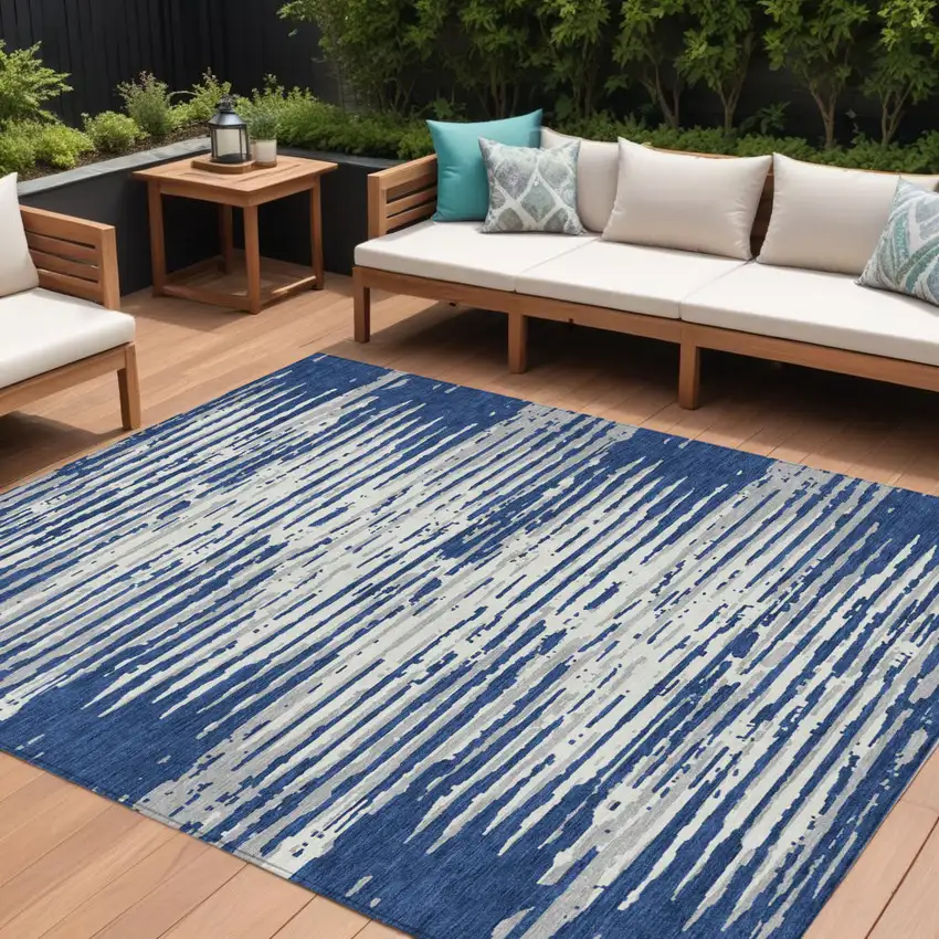 Navy Blue And Ivory Striped Washable Indoor Outdoor Area Rug Photo 1