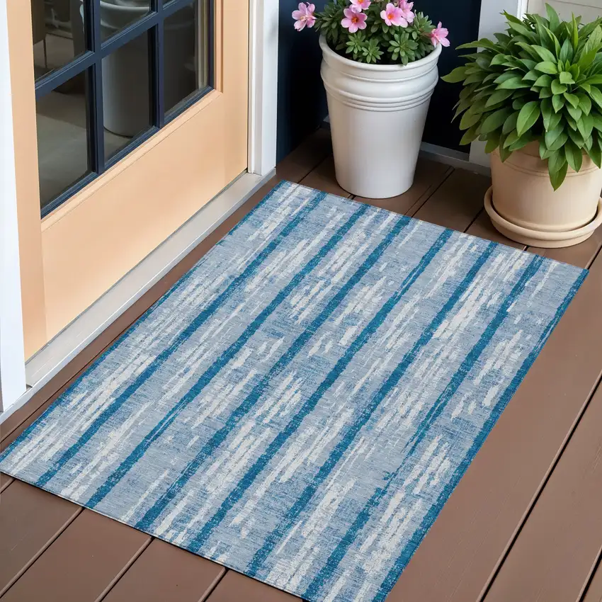 Navy Blue And Ivory Striped Washable Indoor Outdoor Area Rug Photo 1