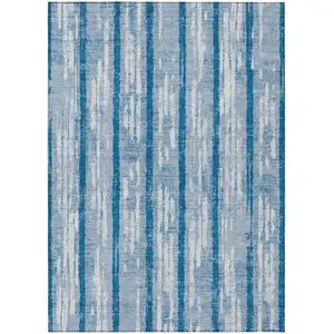 Photo of Navy Blue And Ivory Striped Washable Indoor Outdoor Area Rug