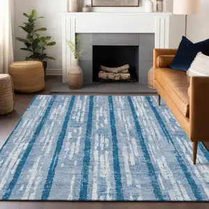 Photo of Navy Blue And Ivory Striped Washable Indoor Outdoor Area Rug