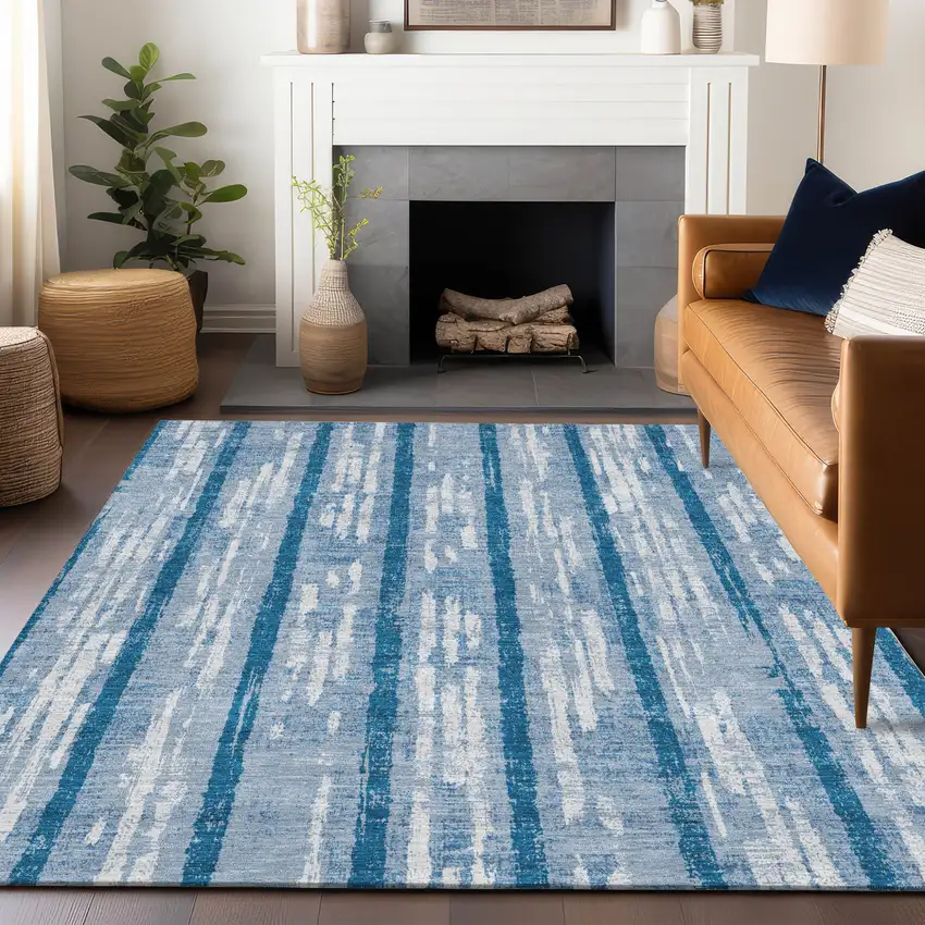 Navy Blue And Ivory Striped Washable Indoor Outdoor Area Rug Photo 8