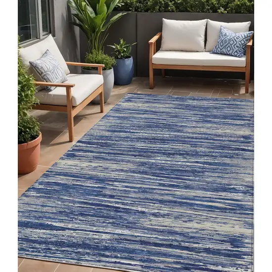 Navy Blue And Ivory Striped Washable Indoor Outdoor Area Rug Photo 2