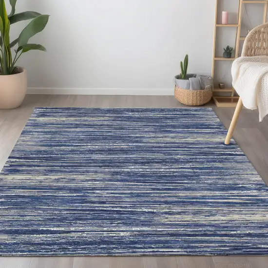 Navy Blue And Ivory Striped Washable Indoor Outdoor Area Rug Photo 9