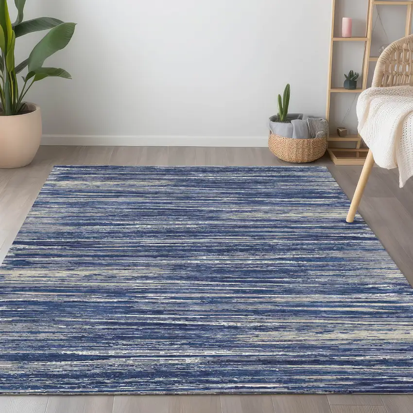 Navy Blue And Ivory Striped Washable Indoor Outdoor Area Rug Photo 9