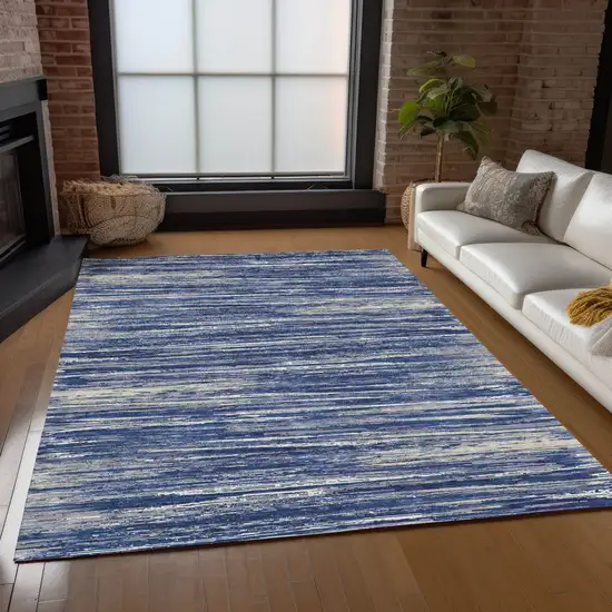 Navy Blue And Ivory Striped Washable Indoor Outdoor Area Rug Photo 9