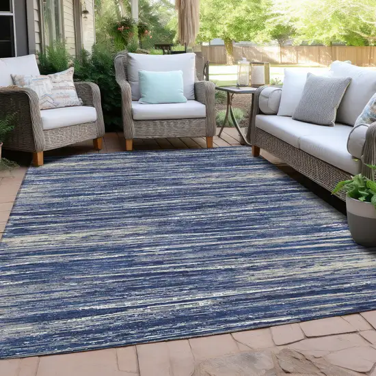 Navy Blue And Ivory Striped Washable Indoor Outdoor Area Rug Photo 8