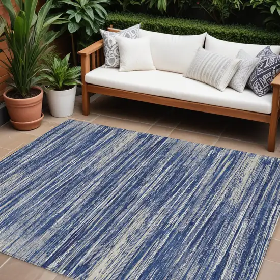 Navy Blue And Ivory Striped Washable Indoor Outdoor Area Rug Photo 1