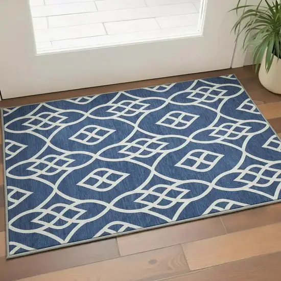 Navy Blue And Ivory Trellis Washable Area Rug With UV Protection Photo 2