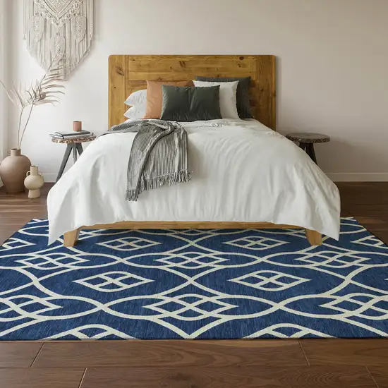 Navy Blue And Ivory Trellis Washable Area Rug With UV Protection Photo 5