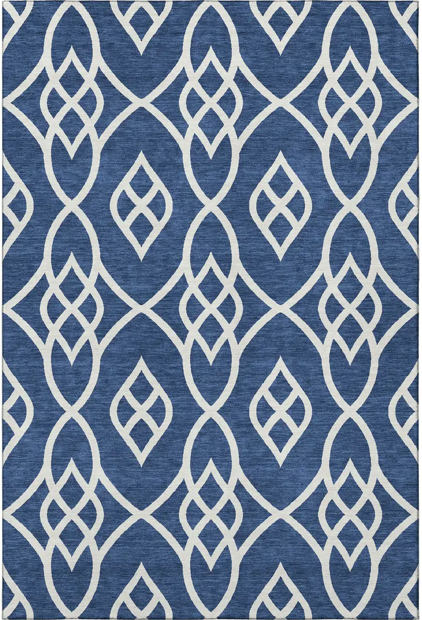 Navy Blue And Ivory Trellis Washable Area Rug With UV Protection Photo 3