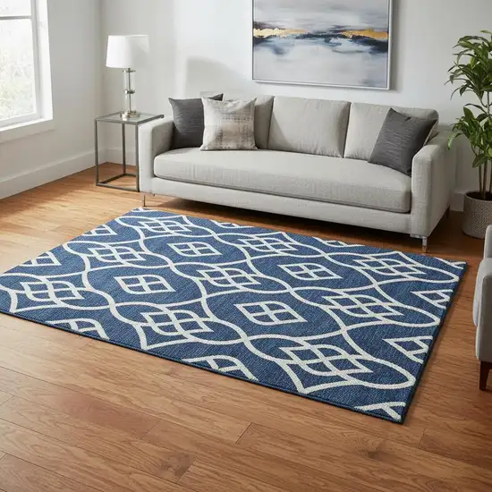 Navy Blue And Ivory Trellis Washable Area Rug With UV Protection Photo 2