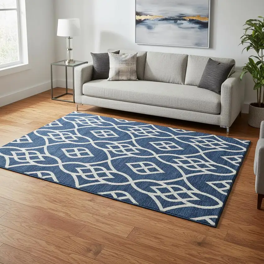 Navy Blue And Ivory Trellis Washable Area Rug With UV Protection Photo 2