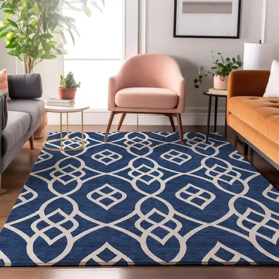 Navy Blue And Ivory Trellis Washable Area Rug With UV Protection Photo 4