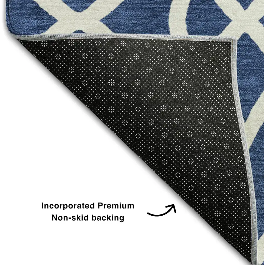 Navy Blue And Ivory Trellis Washable Area Rug With UV Protection Photo 7