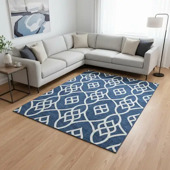 Navy Blue And Ivory Trellis Washable Area Rug With UV Protection Photo 2