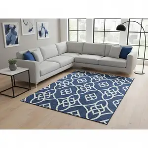 Photo of Navy Blue And Ivory Trellis Washable Area Rug With UV Protection
