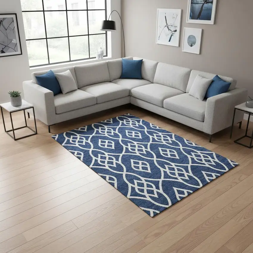 Navy Blue And Ivory Trellis Washable Area Rug With UV Protection Photo 2