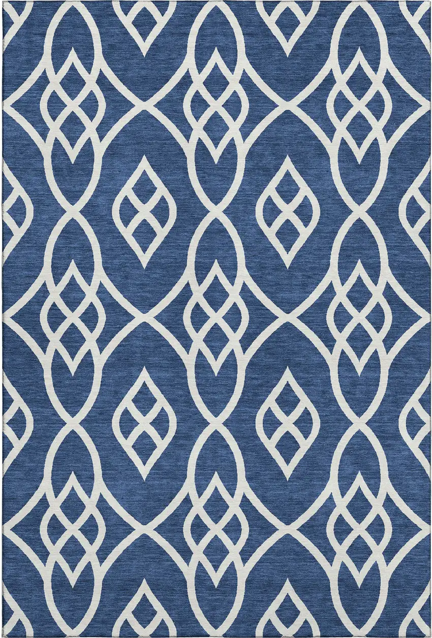 Navy Blue And Ivory Trellis Washable Area Rug With UV Protection Photo 1