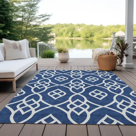 Navy Blue And Ivory Trellis Washable Indoor Outdoor Area Rug Photo 7