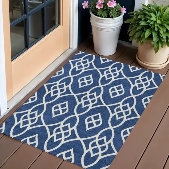 Navy Blue And Ivory Trellis Washable Indoor Outdoor Area Rug Photo 1