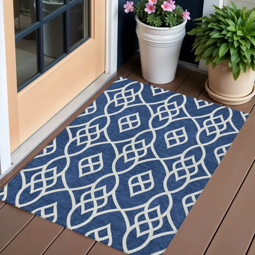 Navy Blue And Ivory Trellis Washable Indoor Outdoor Area Rug Photo 1