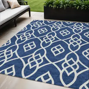 Photo of Navy Blue And Ivory Trellis Washable Indoor Outdoor Area Rug