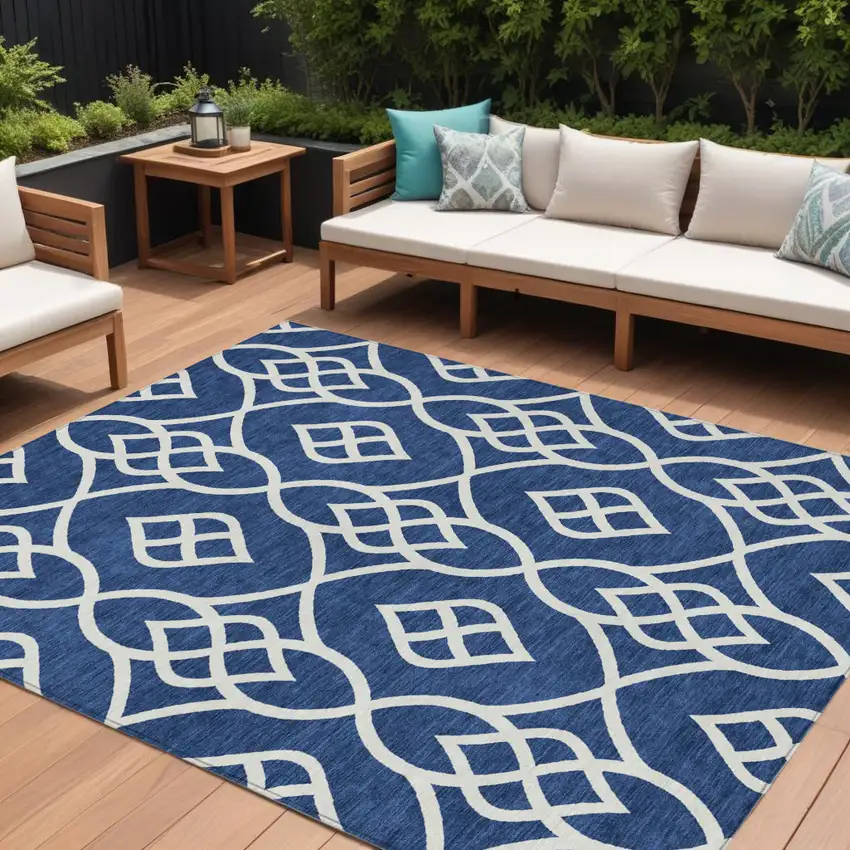 Navy Blue And Ivory Trellis Washable Indoor Outdoor Area Rug Photo 1