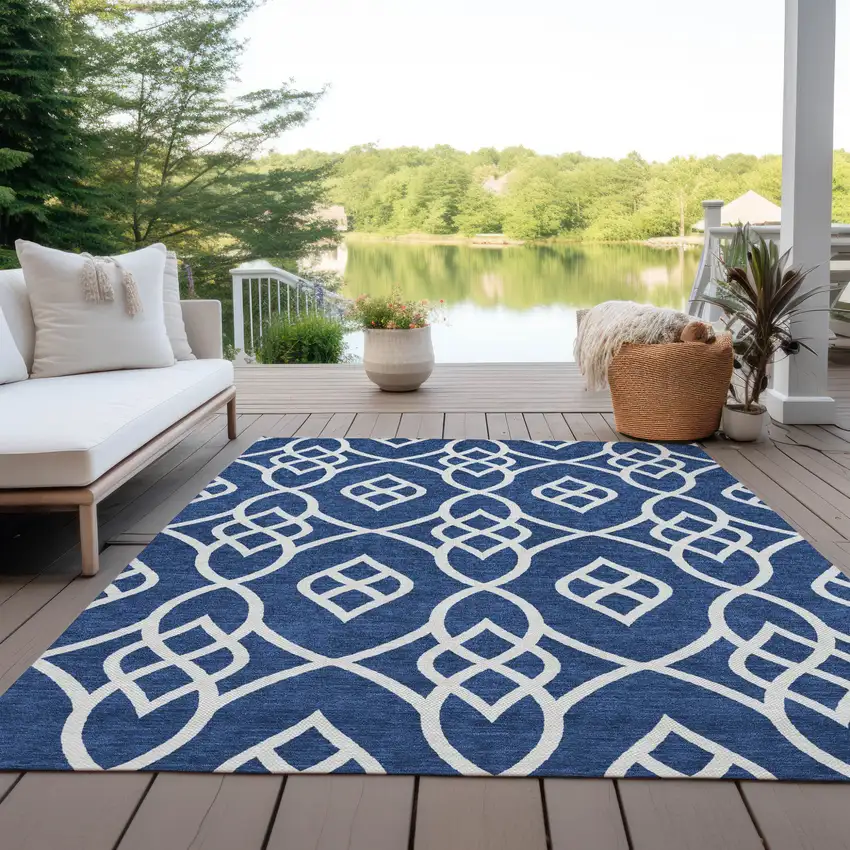 Navy Blue And Ivory Trellis Washable Indoor Outdoor Area Rug Photo 8