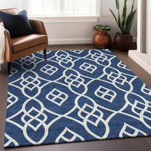 Photo of Navy Blue And Ivory Trellis Washable Indoor Outdoor Area Rug