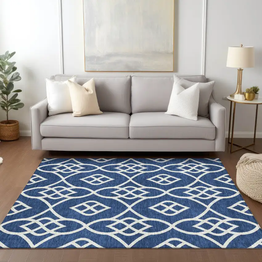 Navy Blue And Ivory Trellis Washable Indoor Outdoor Area Rug Photo 9