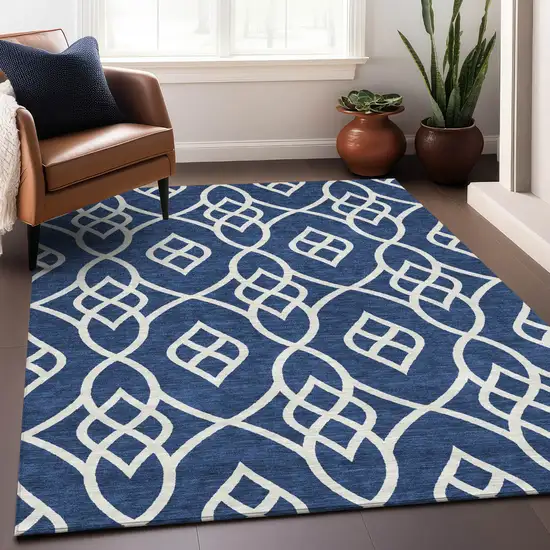 Navy Blue And Ivory Trellis Washable Indoor Outdoor Area Rug Photo 9