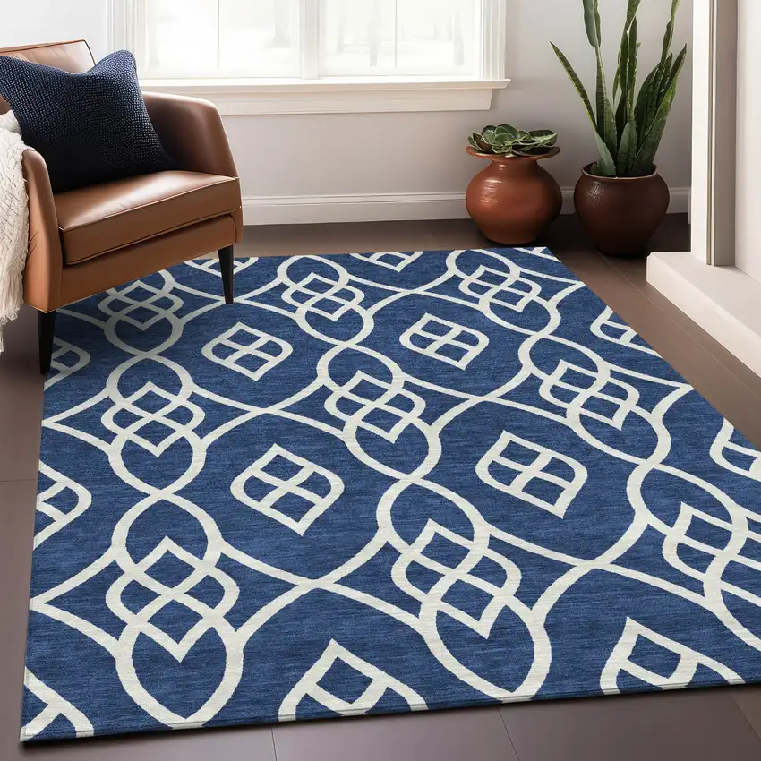 Navy Blue And Ivory Trellis Washable Indoor Outdoor Area Rug Photo 9