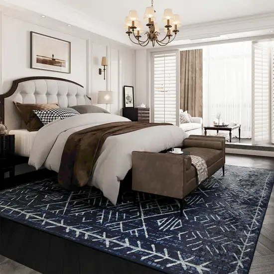 Navy Blue And Ivory Tribal Area Rug Photo 4