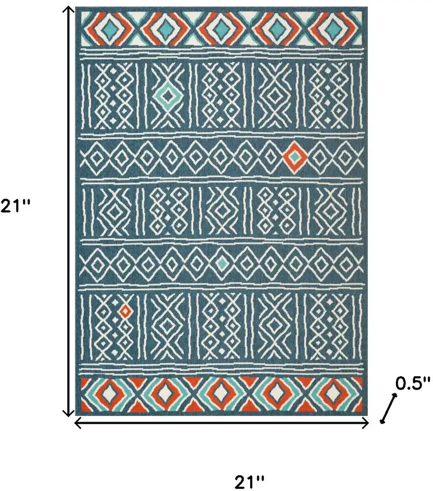 Navy Blue And Ivory Tribal Square Rug Photo 3