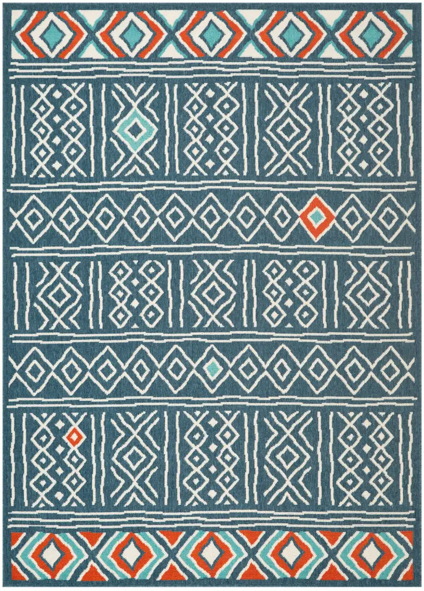 Navy Blue And Ivory Tribal Square Rug Photo 2