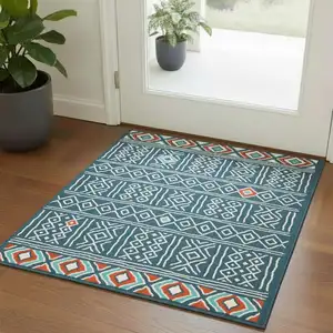 Photo of Navy Blue And Ivory Tribal Square Rug