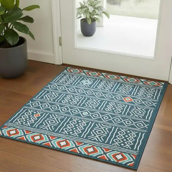 Navy Blue And Ivory Tribal Square Rug Photo 1