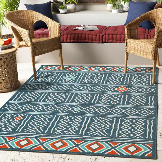 Navy Blue And Ivory Tribal Square Rug Photo 6