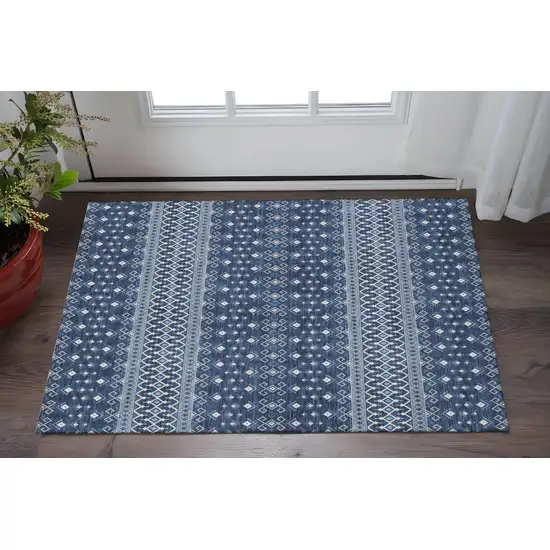 Navy Blue And Ivory Tribal Washable Area Rug With UV Protection Photo 2