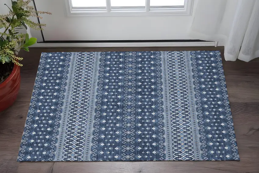 Navy Blue And Ivory Tribal Washable Area Rug With UV Protection Photo 2