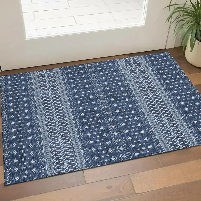 Navy Blue And Ivory Tribal Washable Area Rug With UV Protection Photo 1