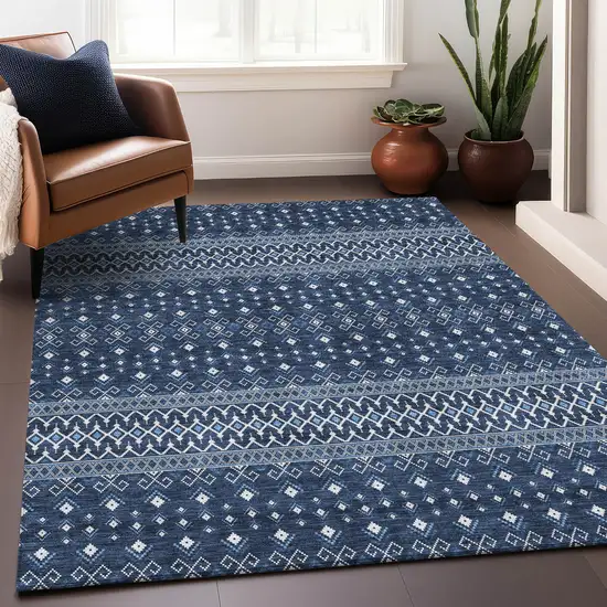 Navy Blue And Ivory Tribal Washable Area Rug With UV Protection Photo 4