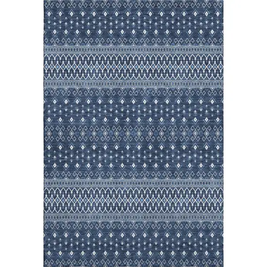 Navy Blue And Ivory Tribal Washable Area Rug With UV Protection Photo 1