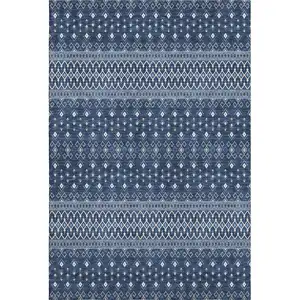 Photo of Navy Blue And Ivory Tribal Washable Area Rug With UV Protection