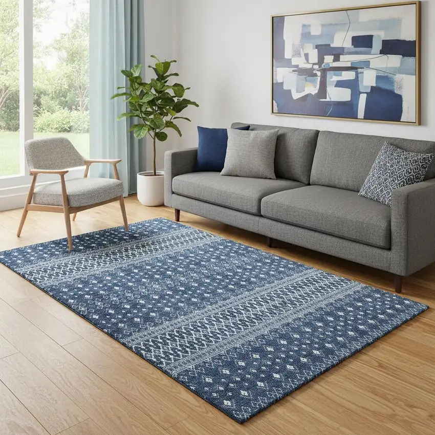 Navy Blue And Ivory Tribal Washable Area Rug With UV Protection Photo 1