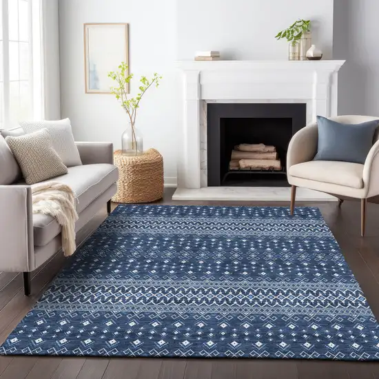 Navy Blue And Ivory Tribal Washable Area Rug With UV Protection Photo 5