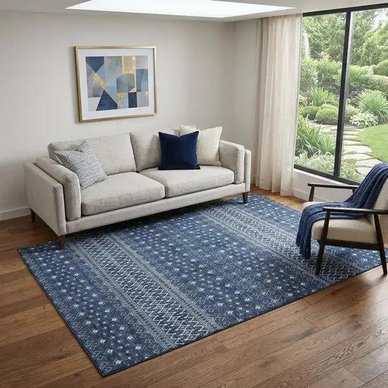 Navy Blue And Ivory Tribal Washable Area Rug With UV Protection Photo 1